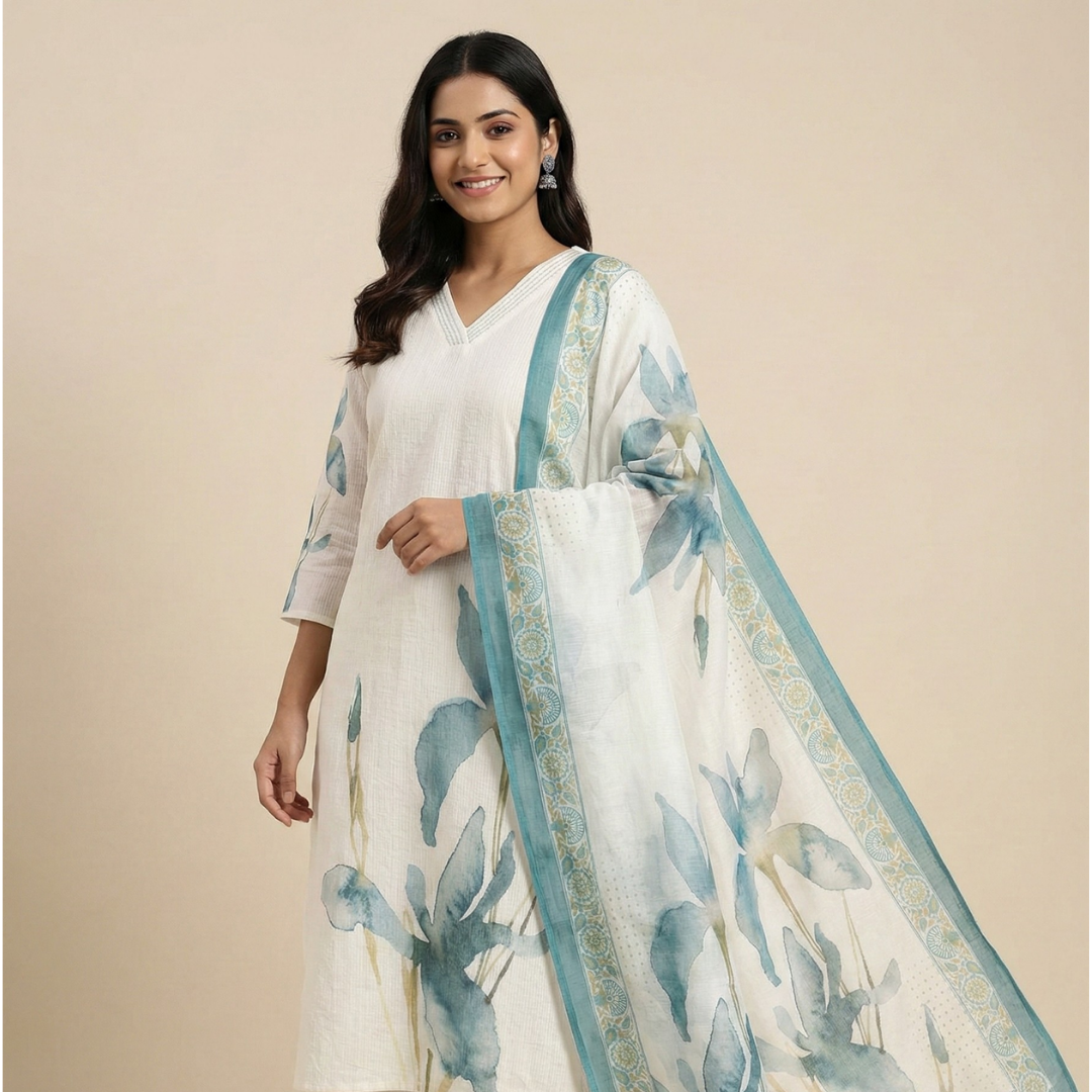 Comfort stretch kurta set for women (3 Piece) Mayurvarna Teal  –  Festive wear and casual wear for women