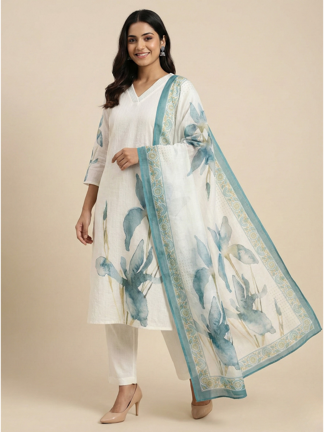 Comfort stretch kurta set for women (3 Piece) Mayurvarna Teal  –  Festive wear and casual wear for women