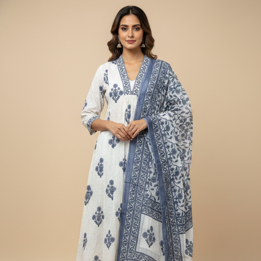 Cotton A-line printed kurta set for women (3 Piece) Anvaya  - Daily wear kurti set