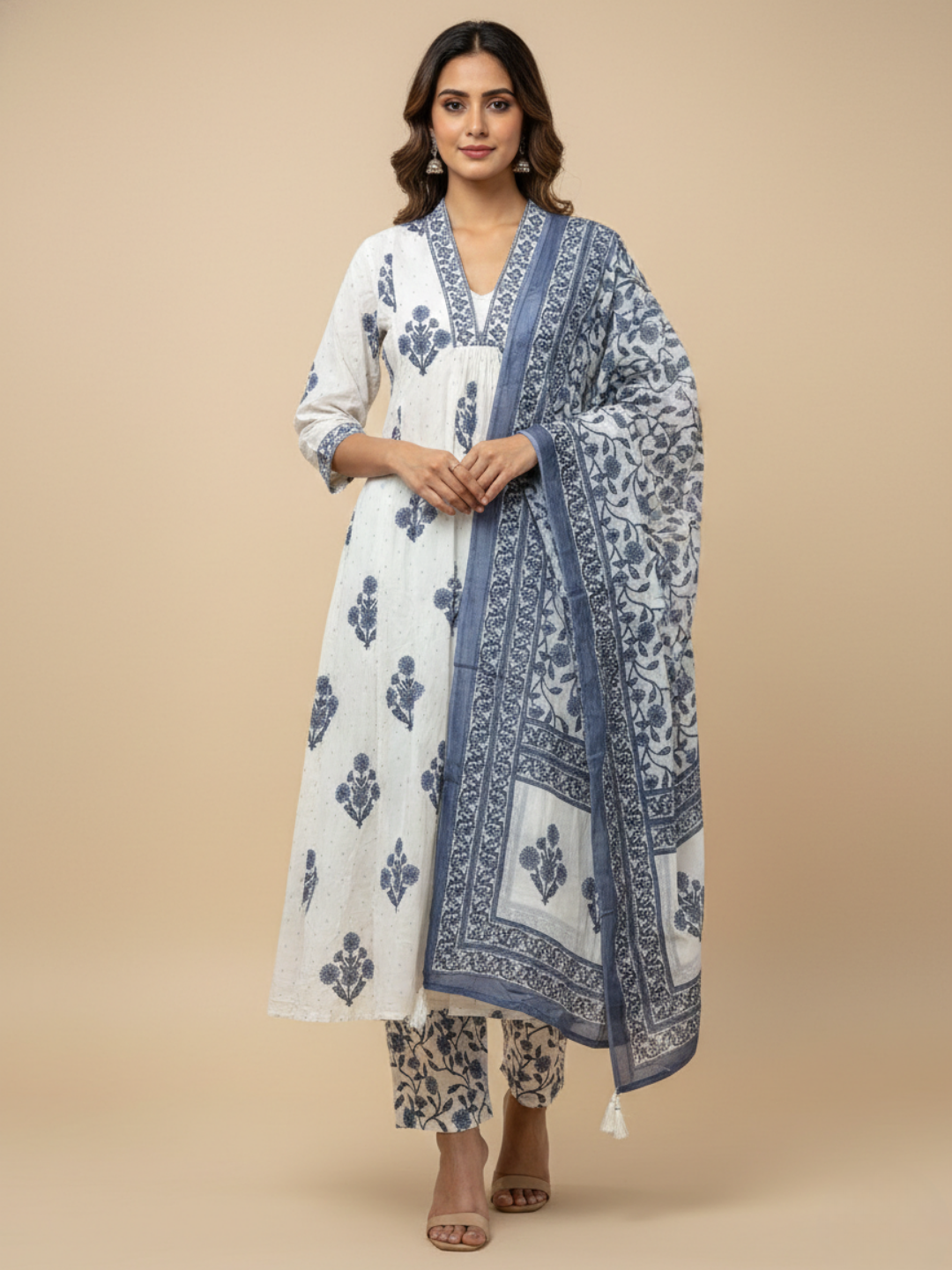 Cotton A-line printed kurta set for women (3 Piece) Anvaya  - Daily wear kurti set