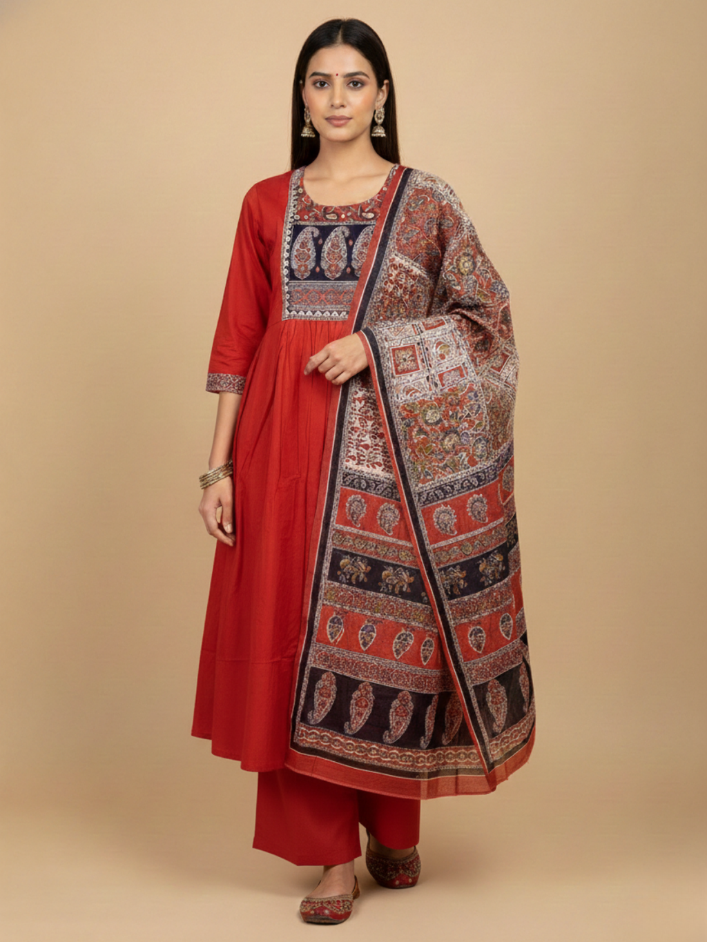 Cotton kurta set for women (3 piece) Anarkali  -  Ethnic wear kurti set for women
