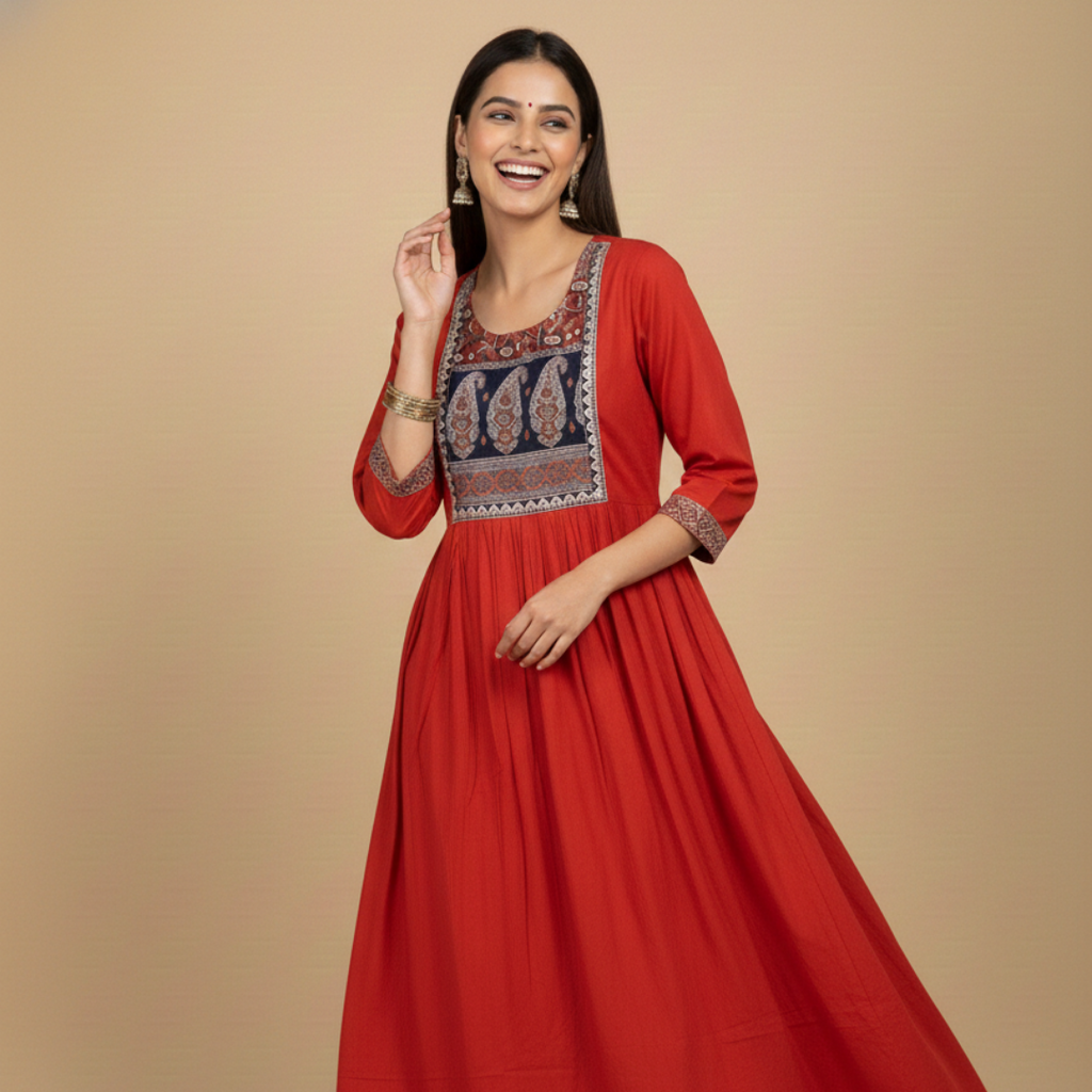 Cotton kurta set for women (3 piece) Anarkali  -  Ethnic wear kurti set for women