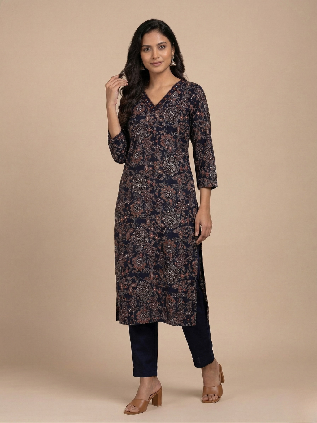 Cotton straight kurta set for women (3 Piece) Nyra Indigo  – Casual wear