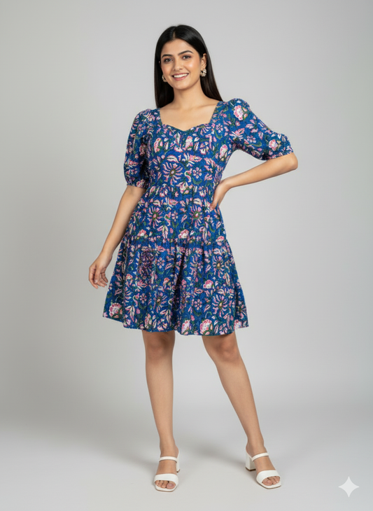 Gray Parrot Indigo Whimsy Blue Floral Dress