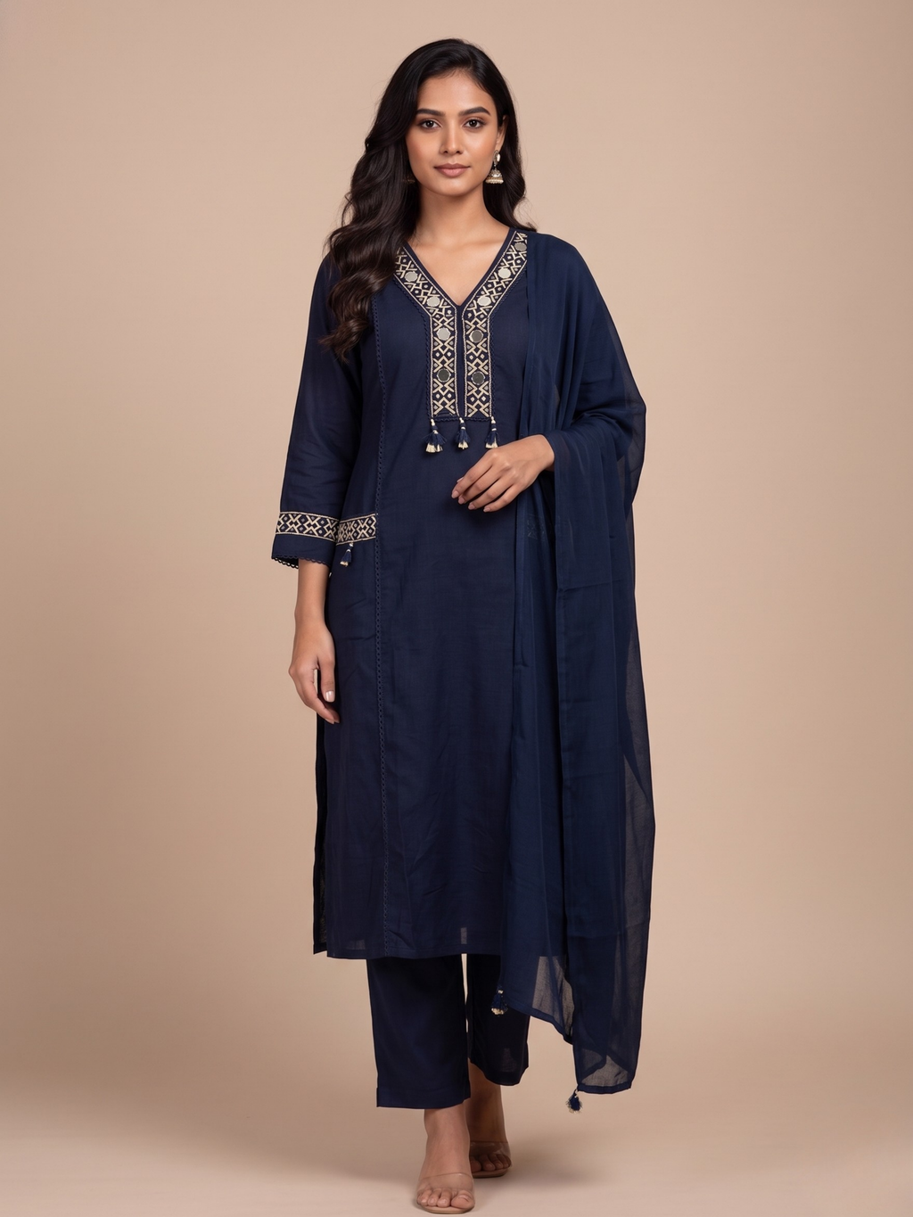 3 piece Cotton kurta set for women Midnight Azure - Office and festive wear kurta