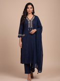 3 piece Cotton kurta set for women Midnight Azure - Office and festive wear kurta