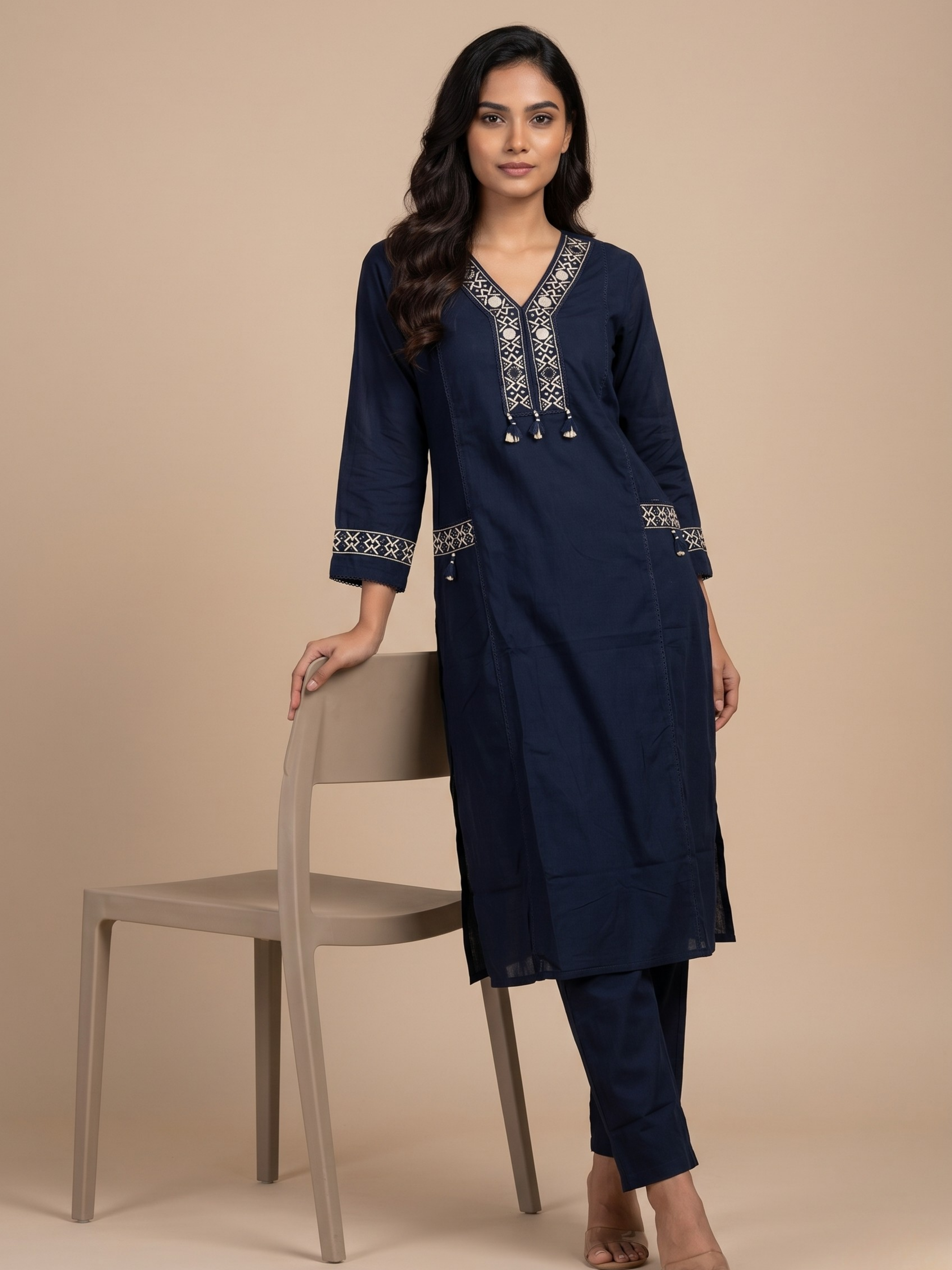 3 piece Cotton kurta set for women Midnight Azure - Office and festive wear kurta