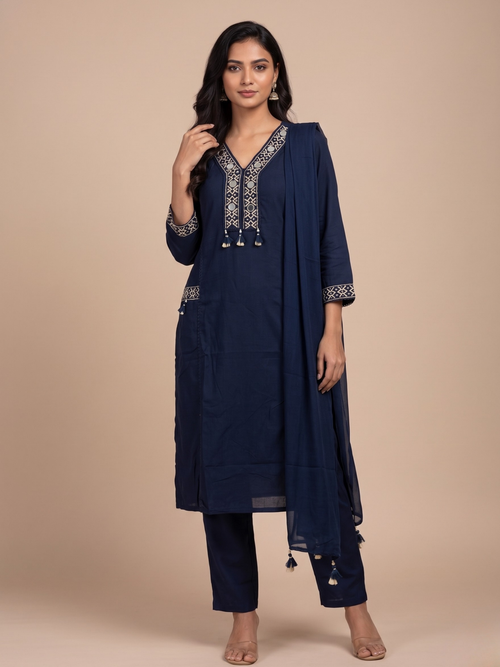 3 piece Cotton kurta set for women Midnight Azure - Office and festive wear kurta