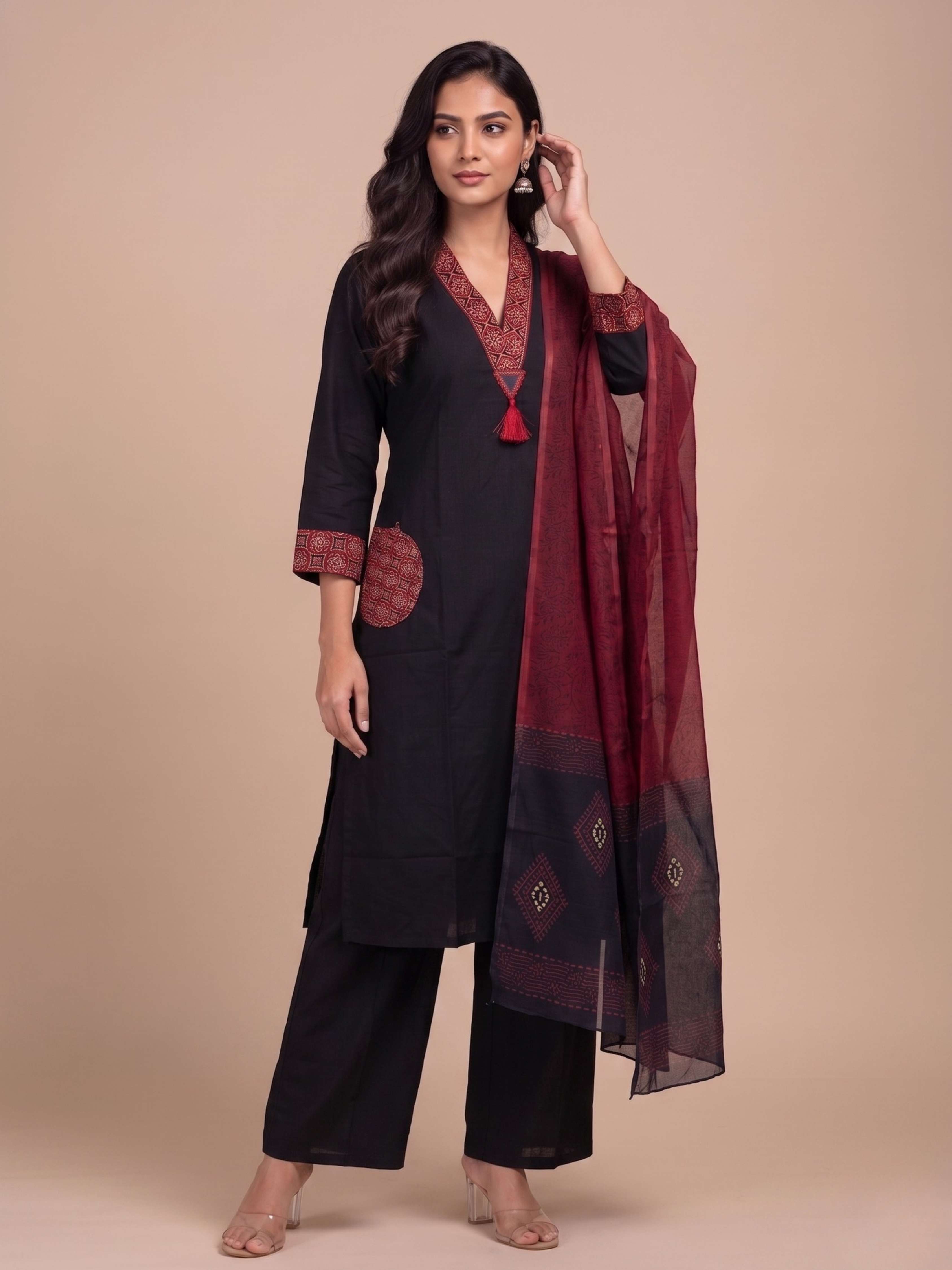 Cotton 3 piece kurta set for women Noir Crimson Dhabu Cotton Kurta - Festive and office wear kurti