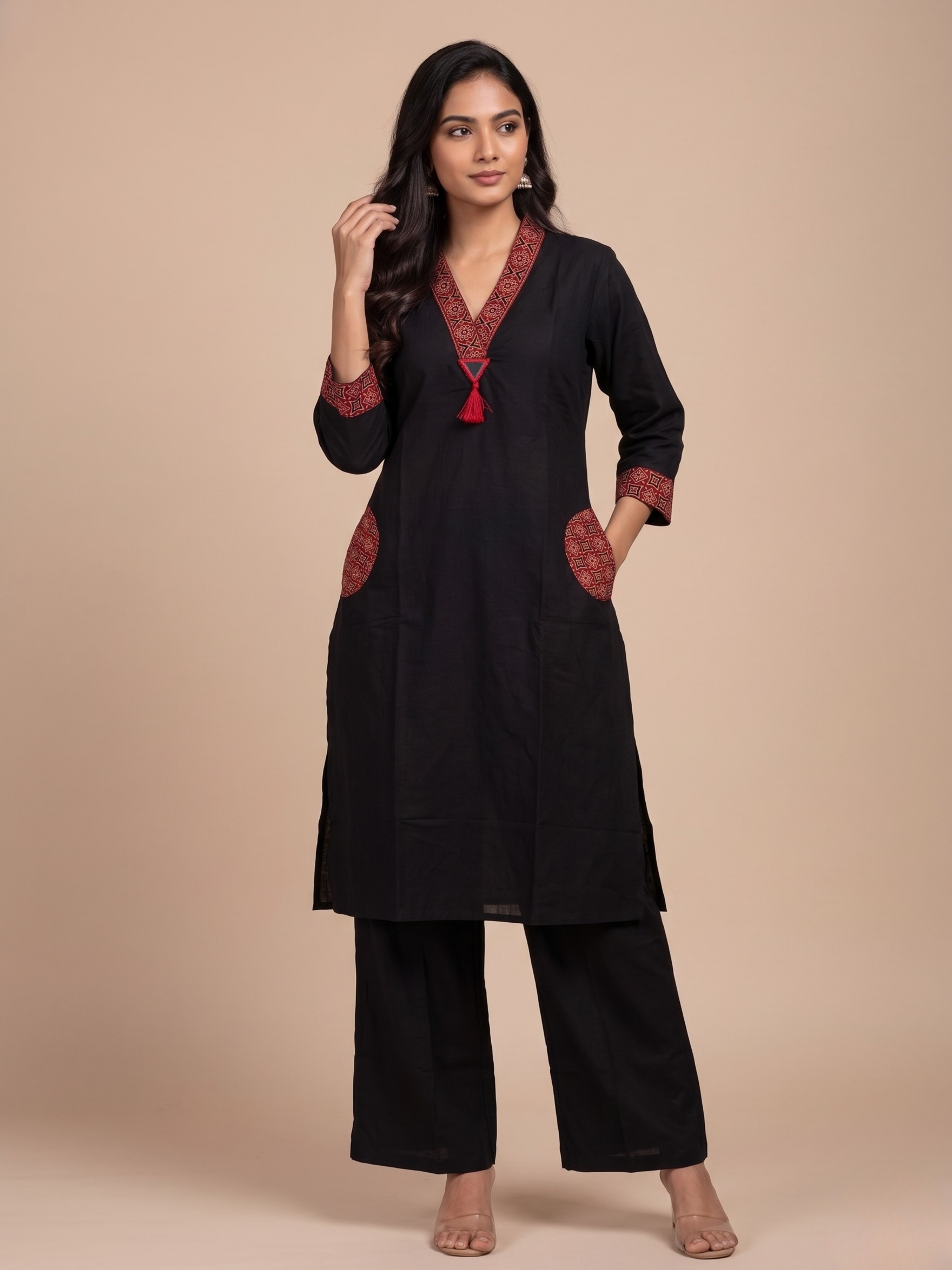 Cotton 3 piece kurta set for women Noir Crimson Dhabu Cotton Kurta - Festive and office wear kurti