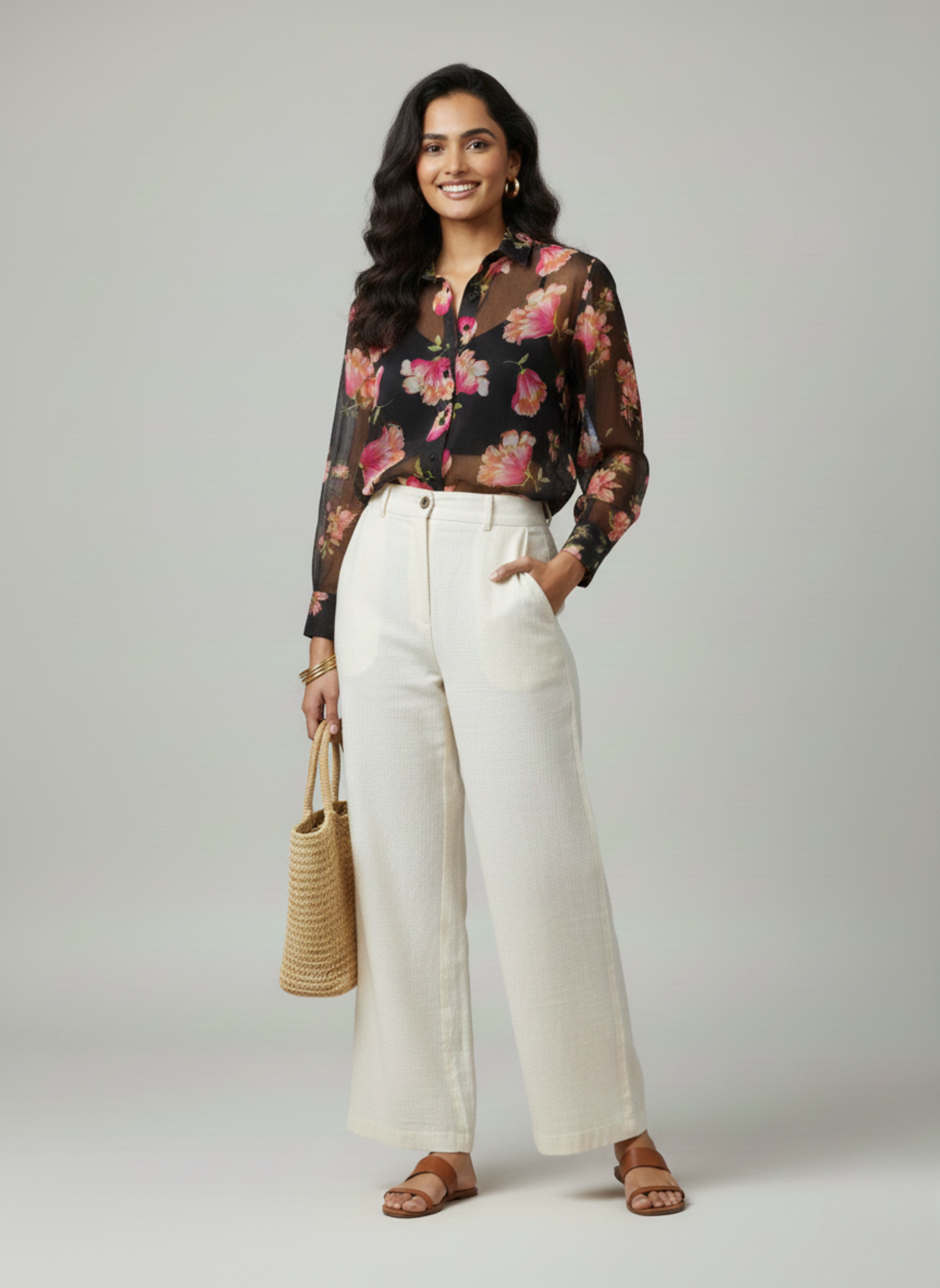 Transparent full sleeve shirt Midnight Blossom - Casual and office wear