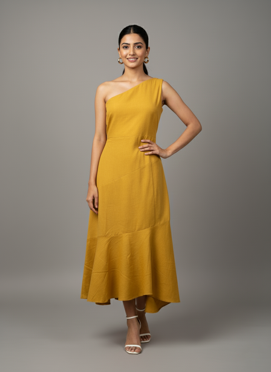 Yellow one-shoulder dress Aura  - Party wear western dress for women