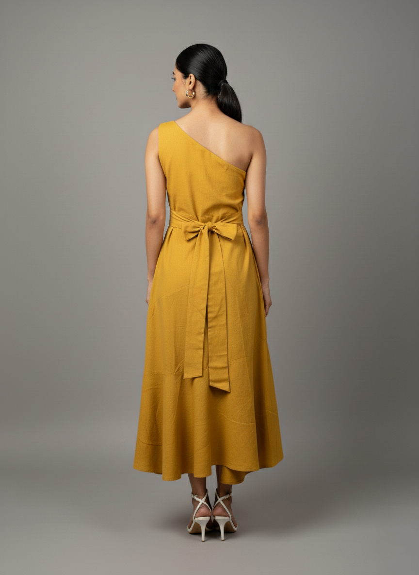Yellow one-shoulder dress Aura  - Party wear western dress for women