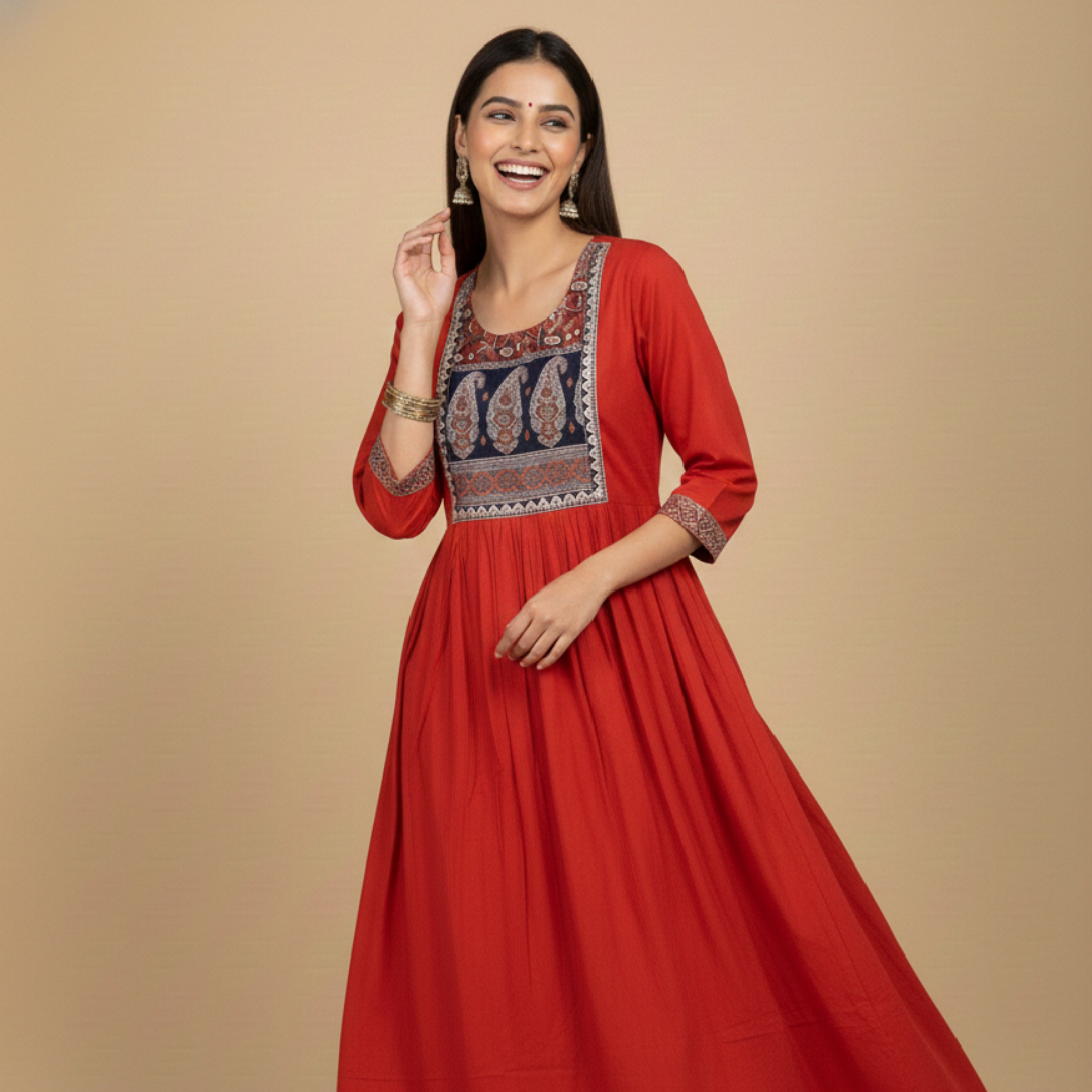 Aarunya Anarkali Style Cotton Kurta Set (3-Piece) by Gray Parrot