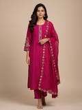 Aarohi Scarlet Grace Silk-Blend Handwork Kurta (3-Piece) by Gray Parrot