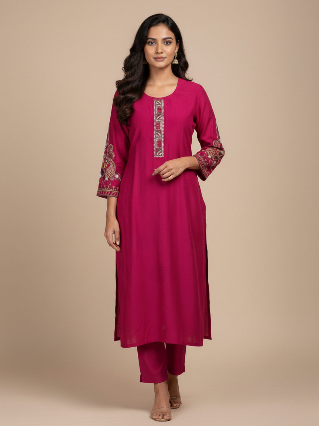 Aarohi Scarlet Grace Silk-Blend Handwork Kurta (3-Piece) by Gray Parrot