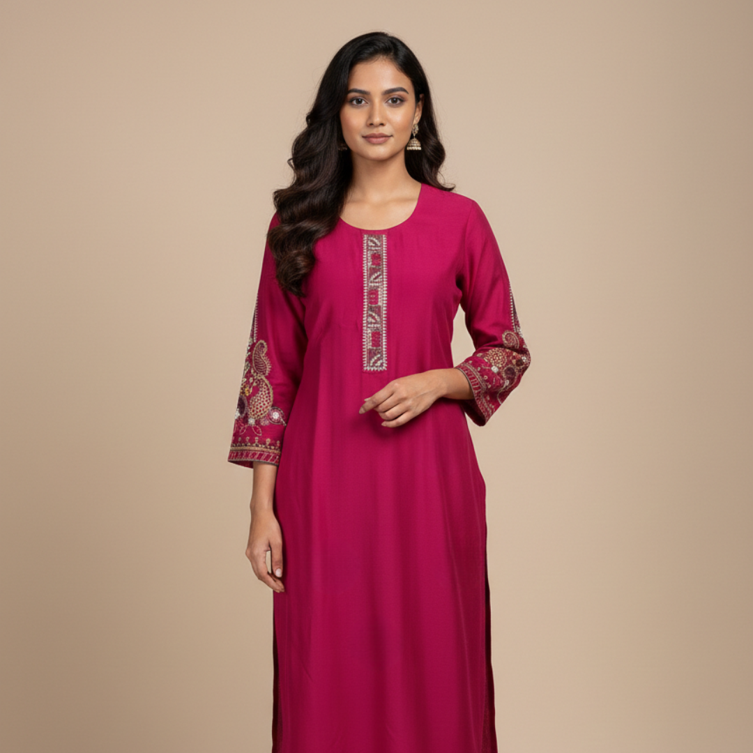 Aarohi Scarlet Grace Silk-Blend Handwork Kurta (3-Piece) by Gray Parrot