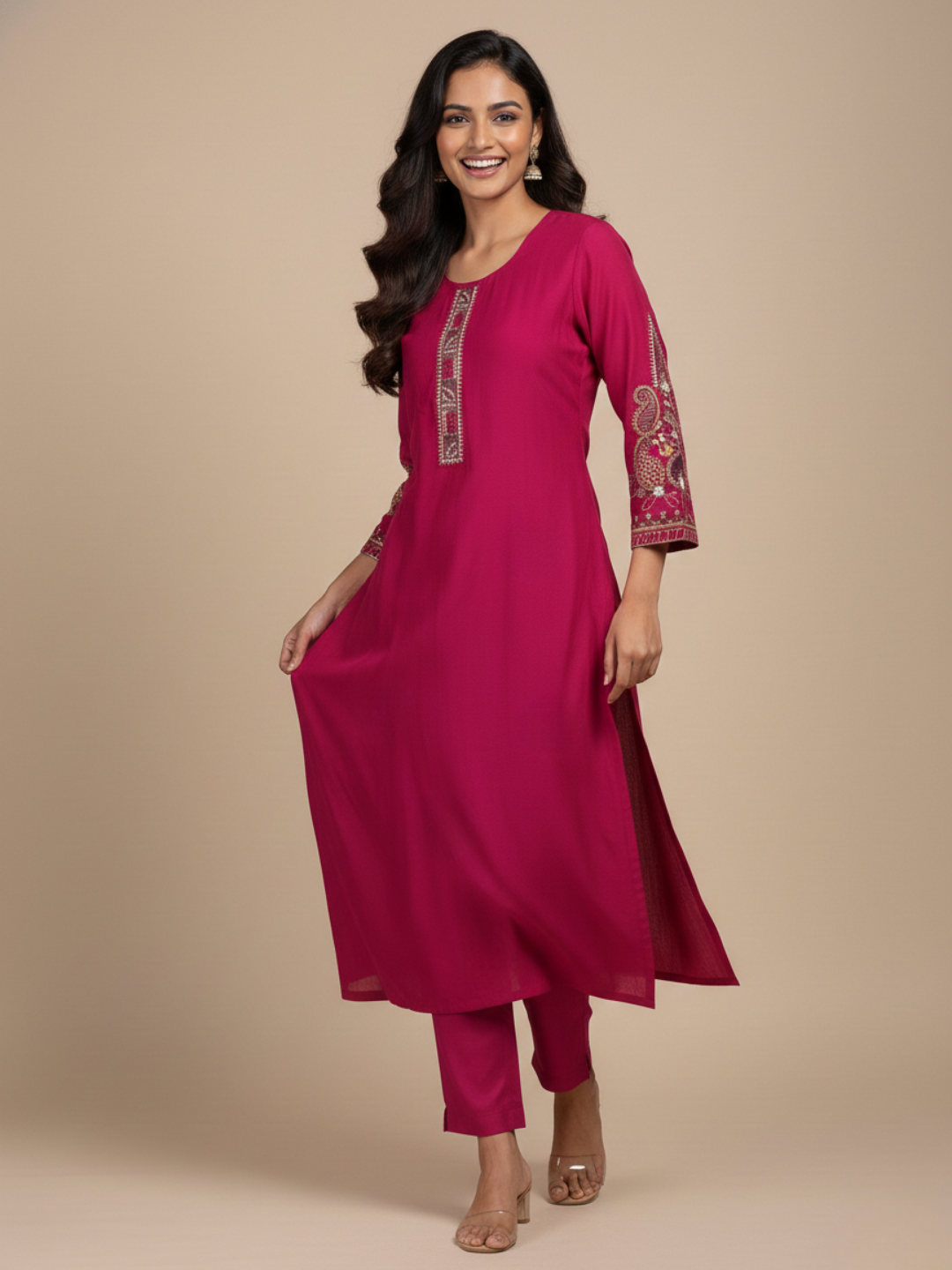 Aarohi Scarlet Grace Silk-Blend Handwork Kurta (3-Piece) by Gray Parrot