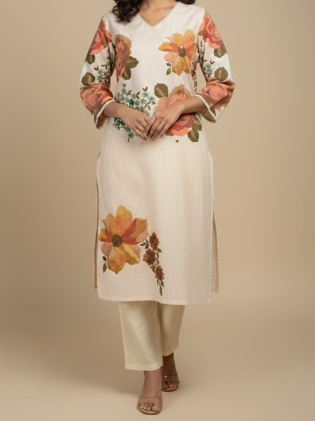 Rochira Ivory Straight Kurta Set (3-Piece) by Gray Parrot