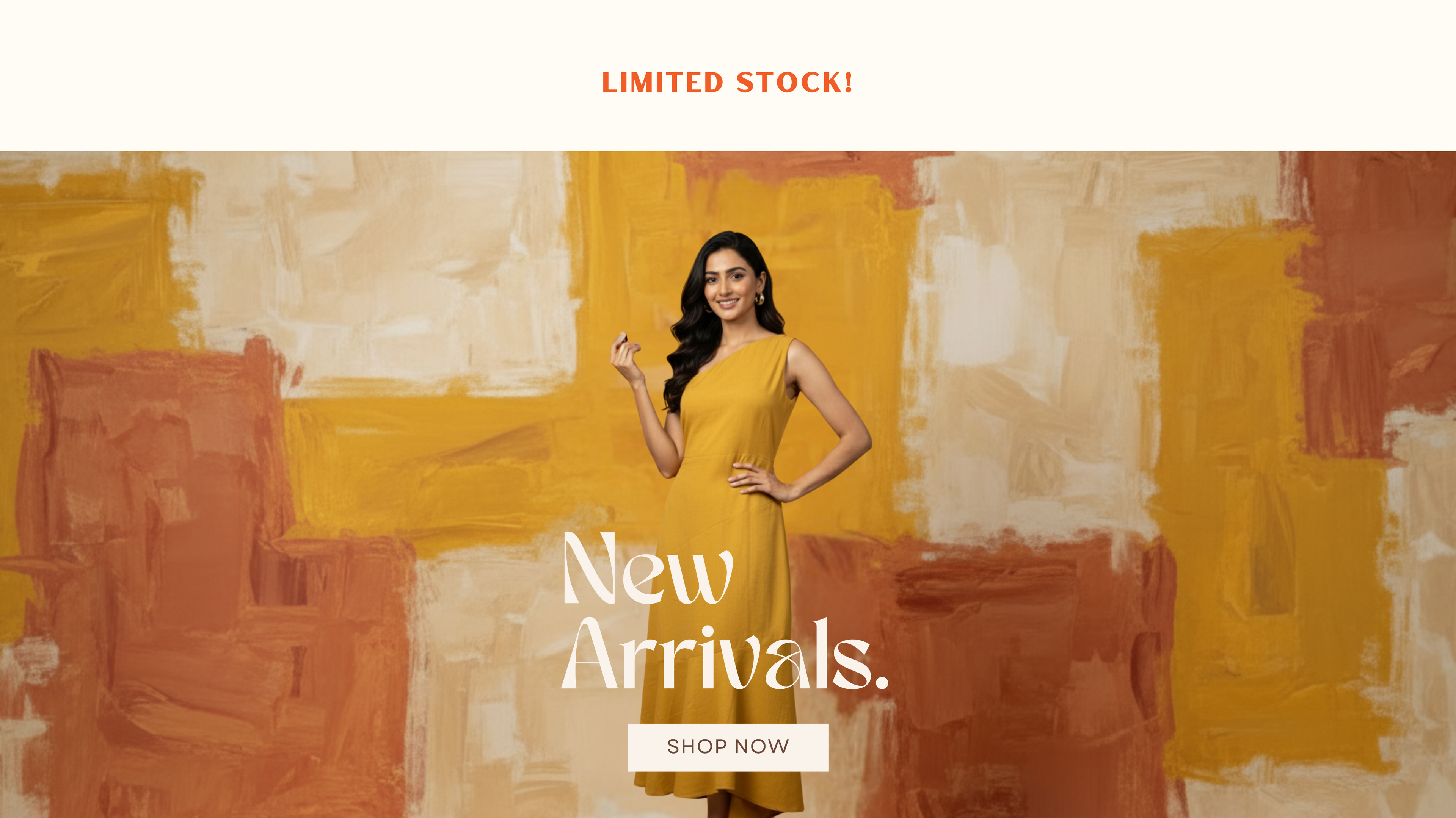 gray parrot  Woman in a yellow dress against an abstract art background with text about new arrivals.